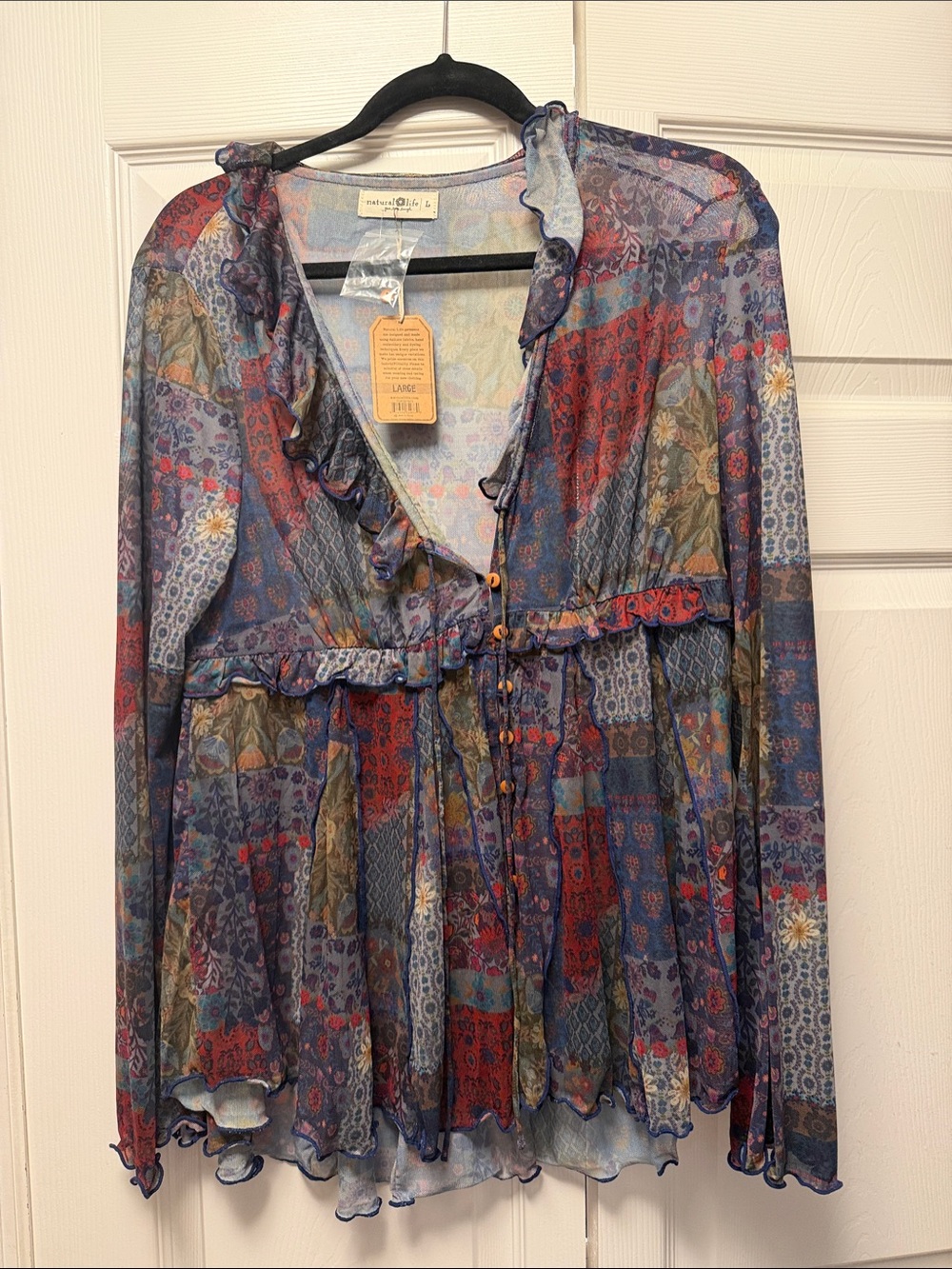 NATURAL LIFE Multicolor Patchwork Ruffle Button-Front Blouse